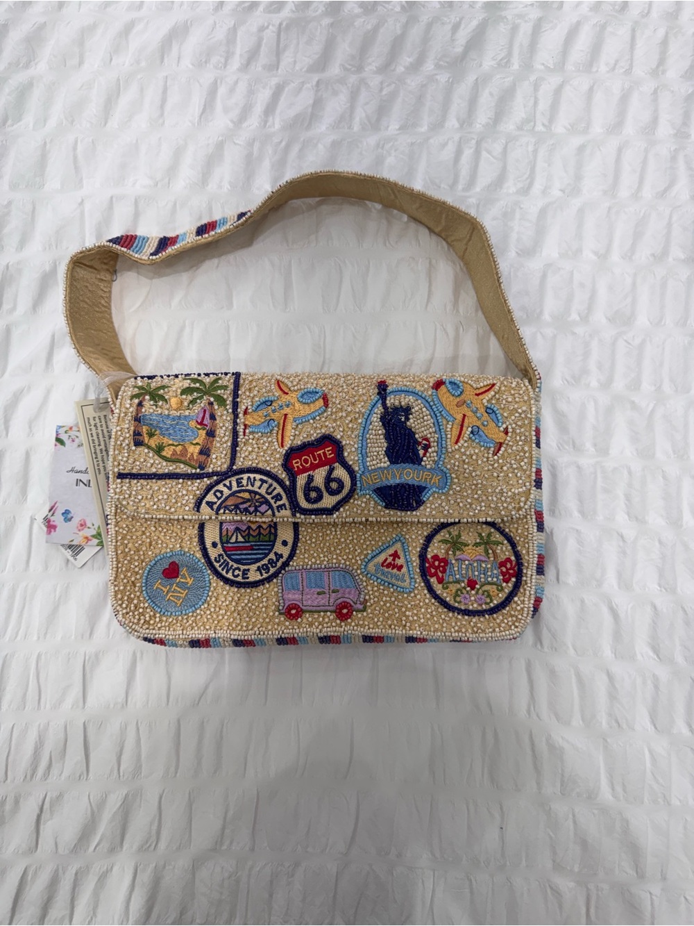Original Embroidered Beaded Patch Shoulder Bag in Beige with Multicolor Accent